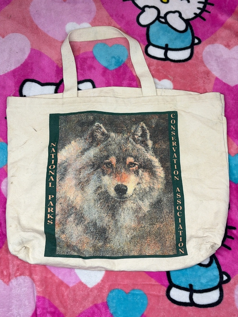 Source Unknown Cream Canvas Tote with Wolf Graphic and Green Border